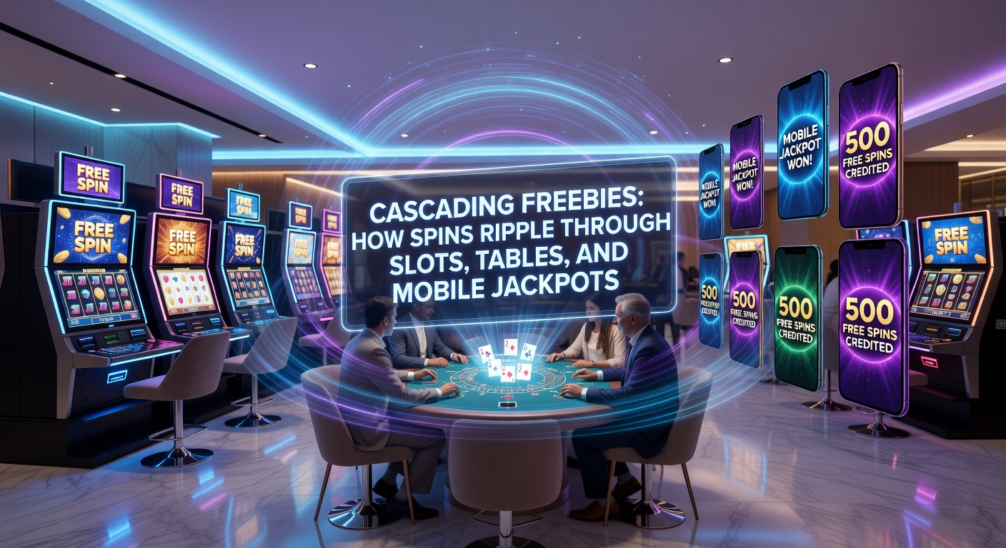 Dynamic graphic showing free spins transforming into table game chips and mobile jackpot explosions, symbolizing promotional ripple effects