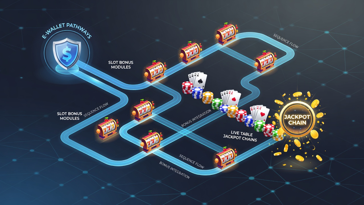 Live dealer table interface displaying jackpot growth linked to incoming e-wallet bonus sequences from slot play