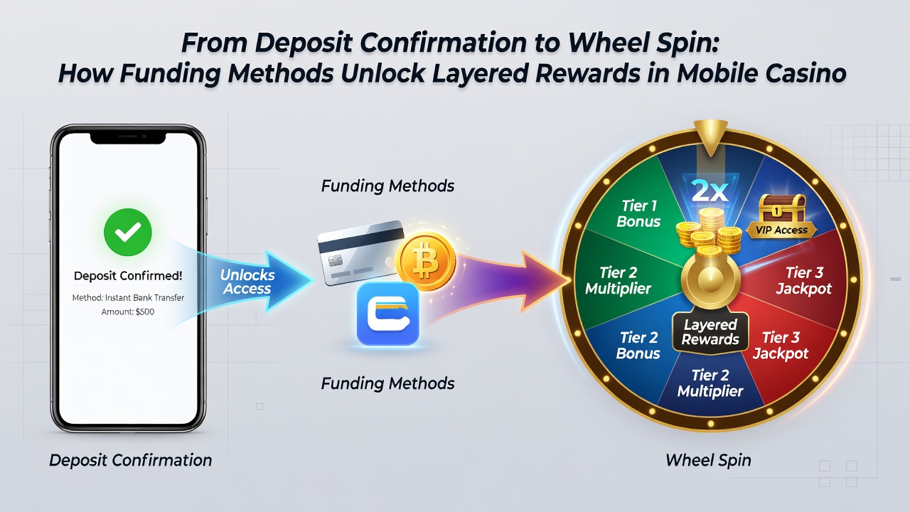 Illustration of layered mobile casino rewards flowing from deposit confirmation through bonus tiers to jackpot wheel spins