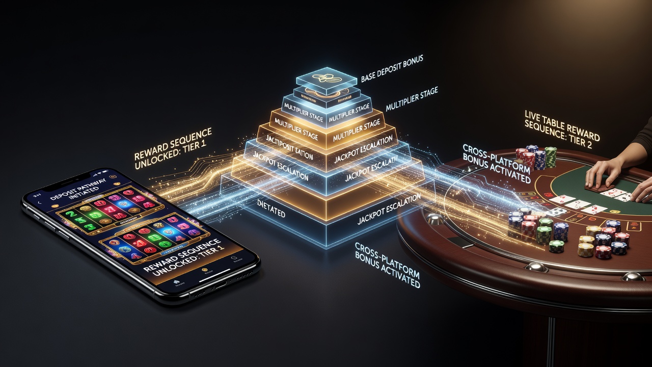 Diagram showing reward sequence flow from mobile deposits into live table promotions