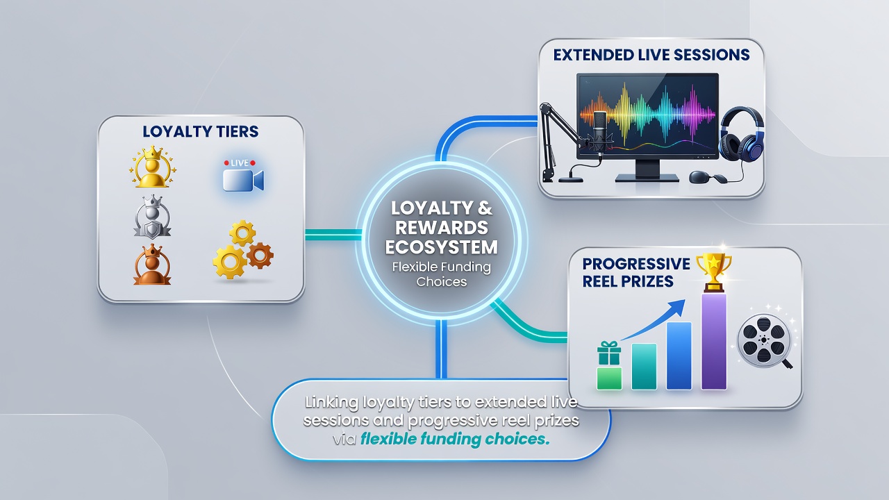 Progressive jackpot meter display connected to loyalty dashboard and multiple payment method icons