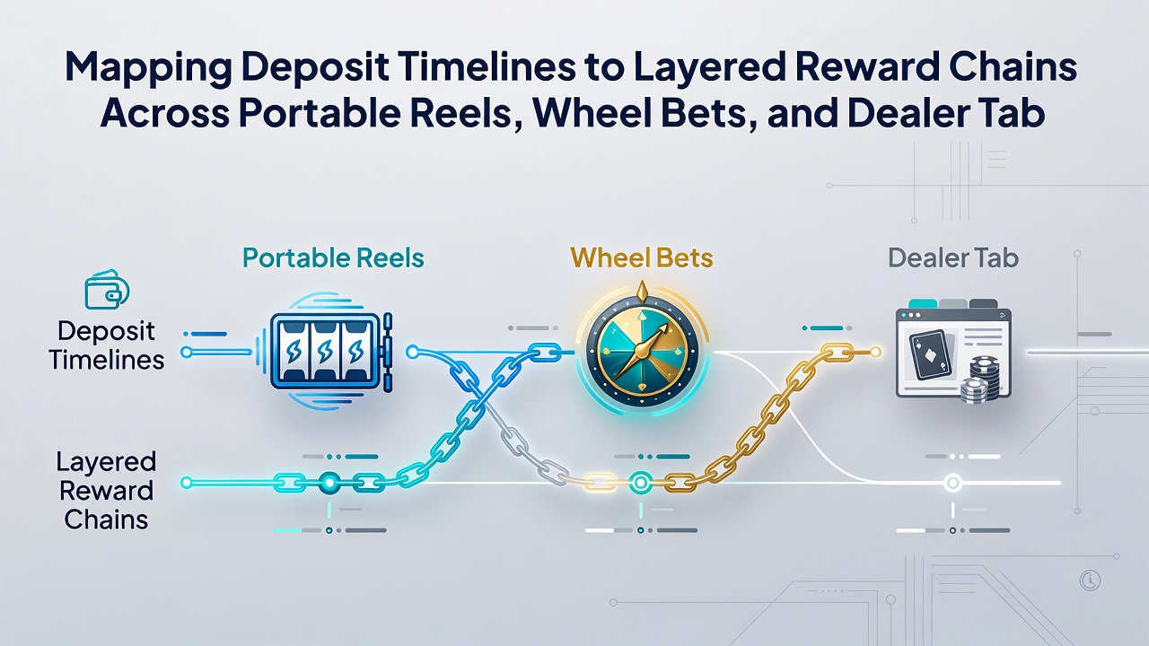 Illustration showing connections between deposit timelines, slot rewards, roulette bets, and live dealer table promotions