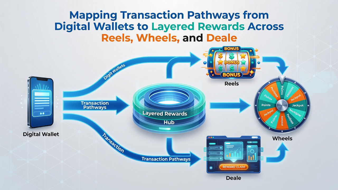 Flow diagram showing digital wallet deposits converting into layered rewards across roulette wheels and live dealer tables