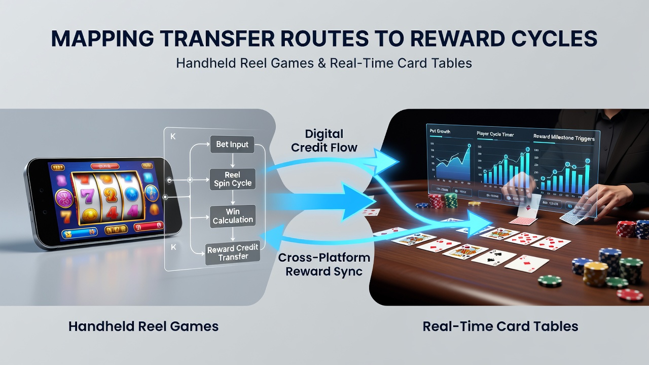 Illustration of real-time data flows between handheld reel games and live card table reward systems