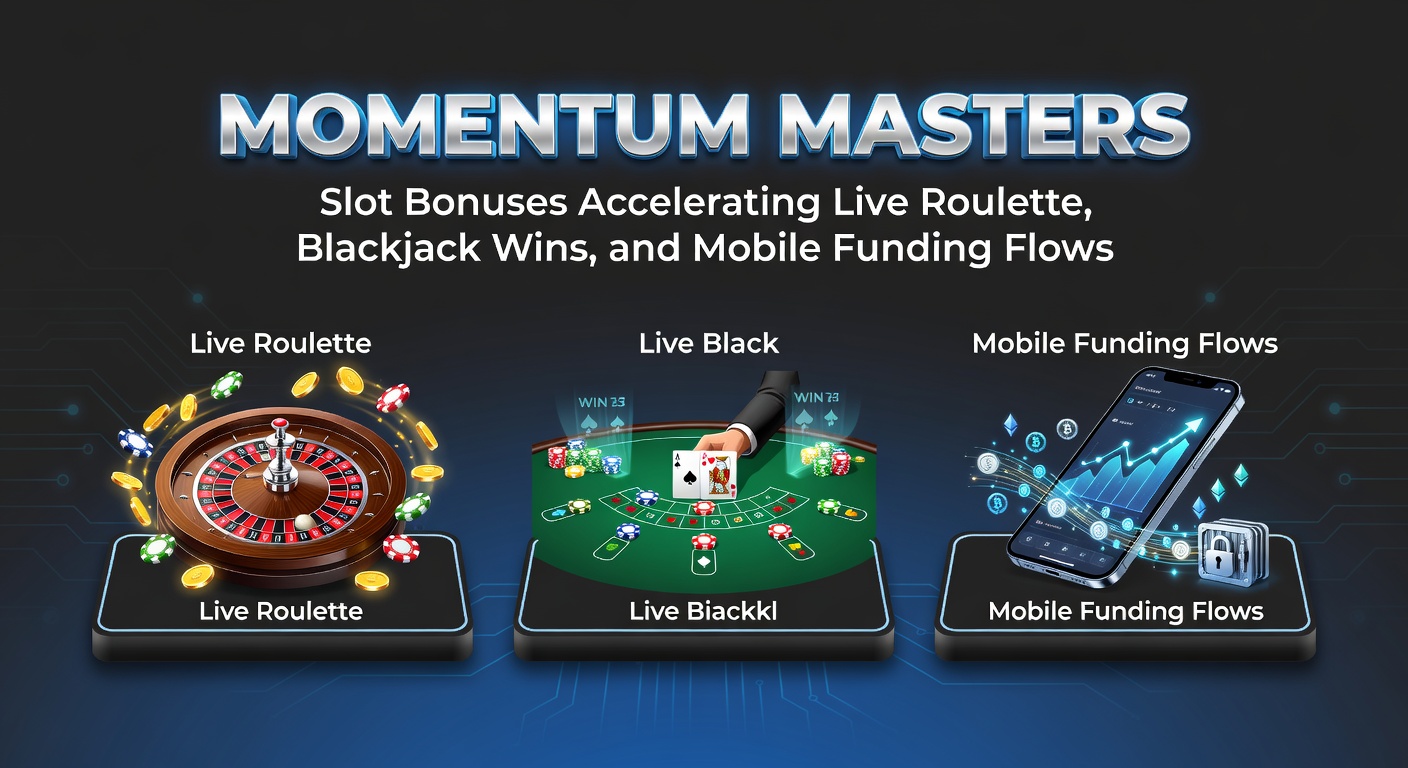 Mobile phone displaying slot bonus activation flowing into live blackjack hand and roulette spin with funding icons