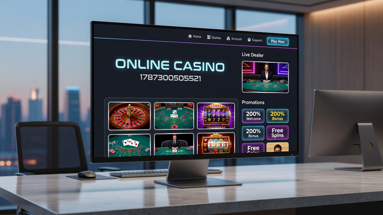 Diverse group of players engaging with online casino games on tablets and laptops in a modern setting