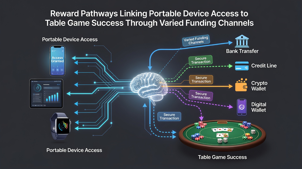 Illustration of interconnected reward pathways showing mobile funding routes leading to table game outcomes