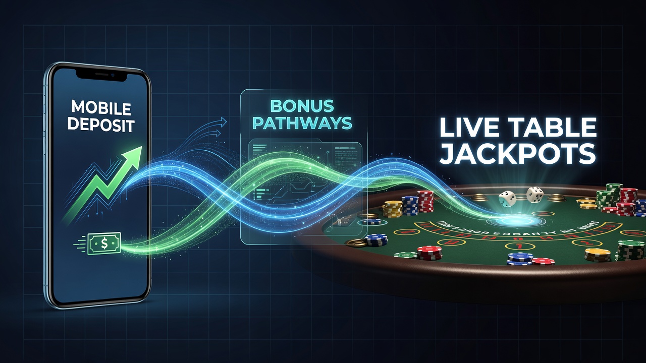 Flowchart illustrating bonus funds moving from mobile deposit through wagering to live table jackpot participation