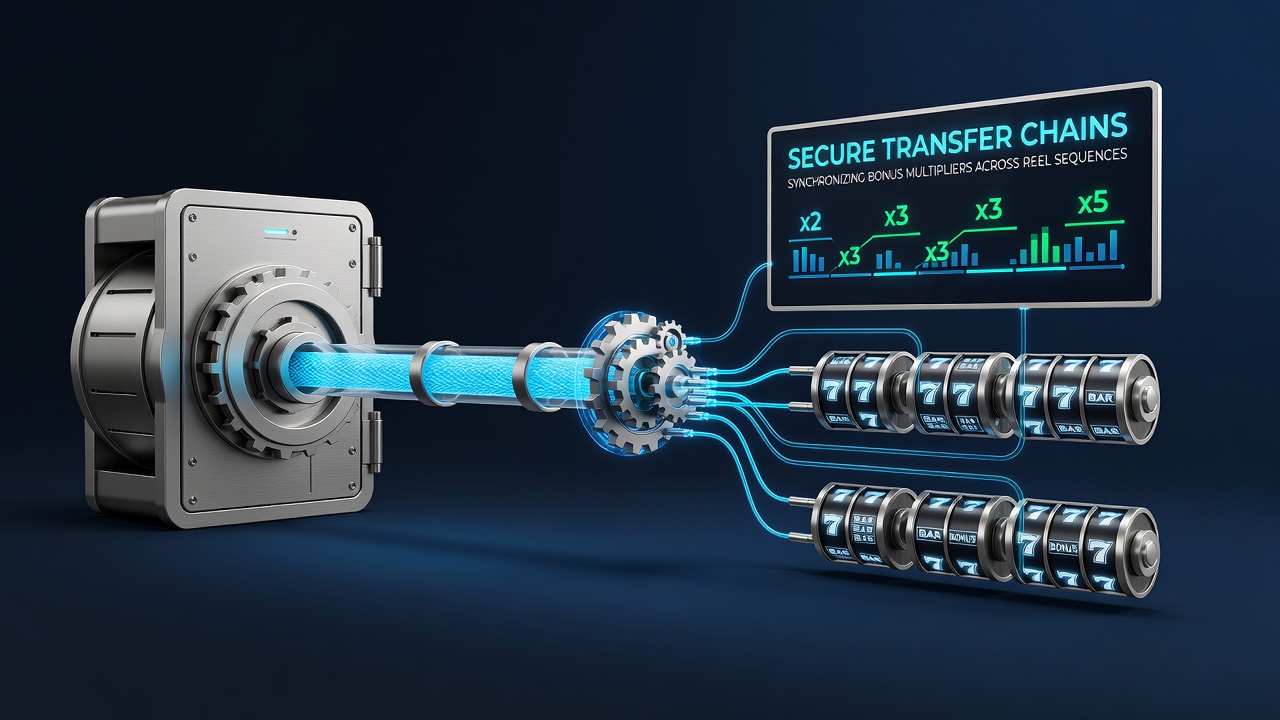 Illustration of encrypted transfer chain connecting slot reels, live card tables, and mobile device interfaces